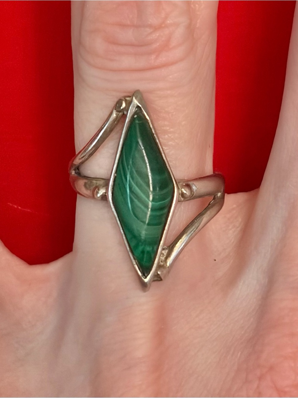 Native made old pawn marquise cut malachite ring